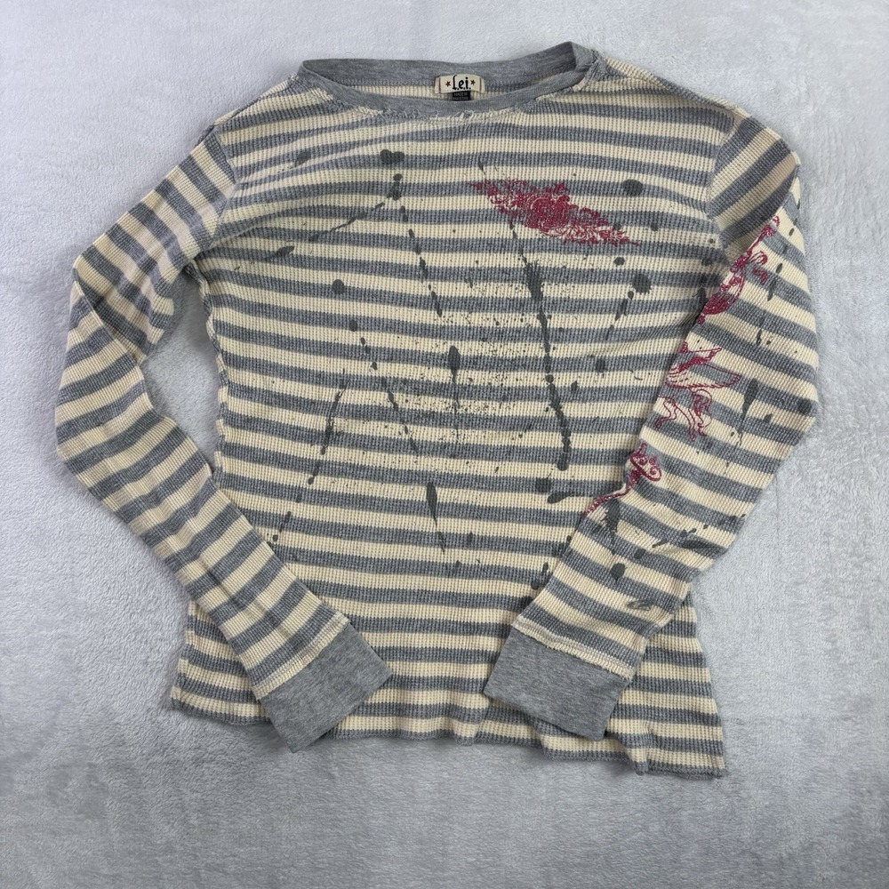Y2K L.E.I. Beige Grey Striped Logn Sleeve Thermal Waffle Knit Shirt Women's XL